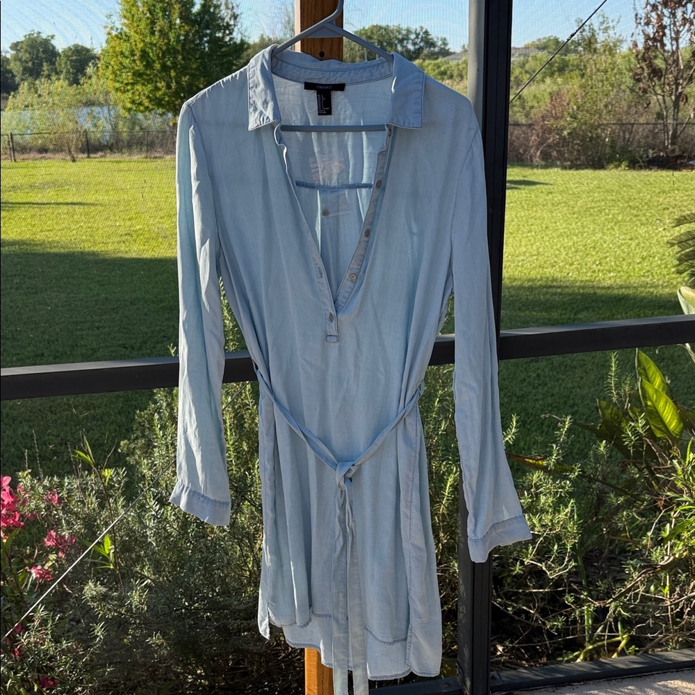 Forever 21 Pale Blue Long Sleeve Shirt Dress with Self-Tie Waist